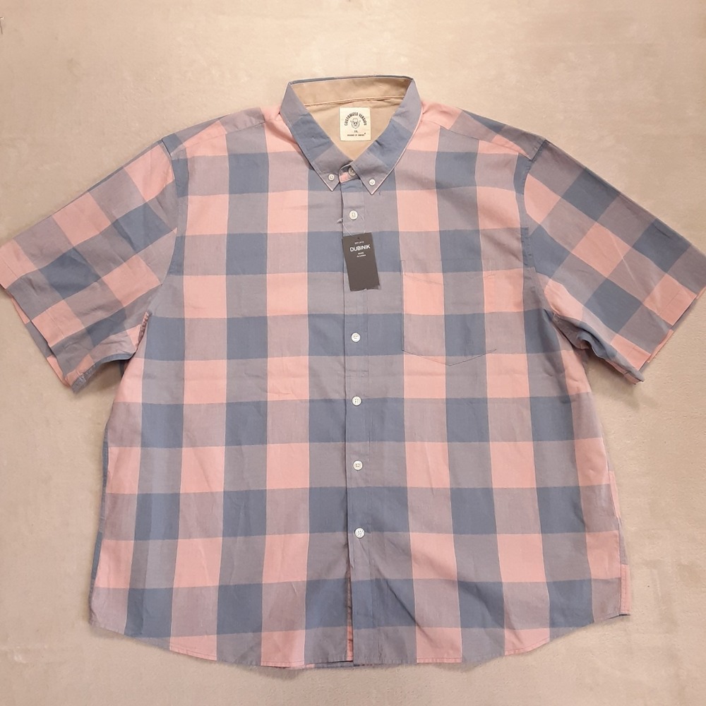 Dubinik Mens Short Sleeve Button Shirt Sz.3XL Blue Pink Plaid Cotton New!